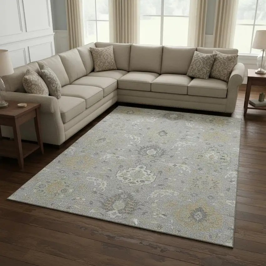 Gray Beige And Ivory Damask Washable Area Rug With UV Protection Photo 2