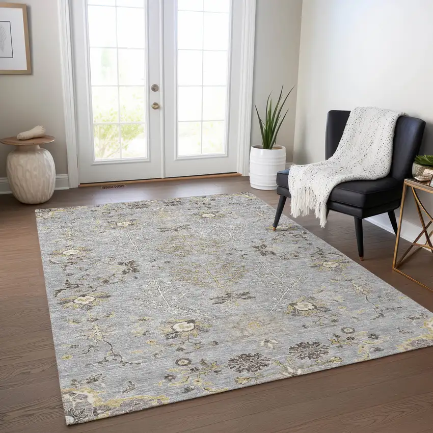 Gray Beige And Ivory Floral Washable Indoor Outdoor Area Rug Photo 9