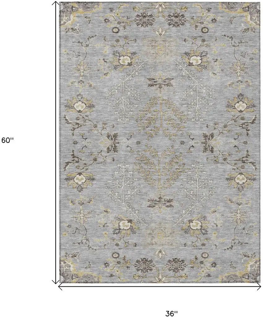 Gray Beige And Ivory Floral Washable Indoor Outdoor Area Rug Photo 4