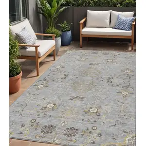 Photo of Gray Beige And Ivory Floral Washable Indoor Outdoor Area Rug