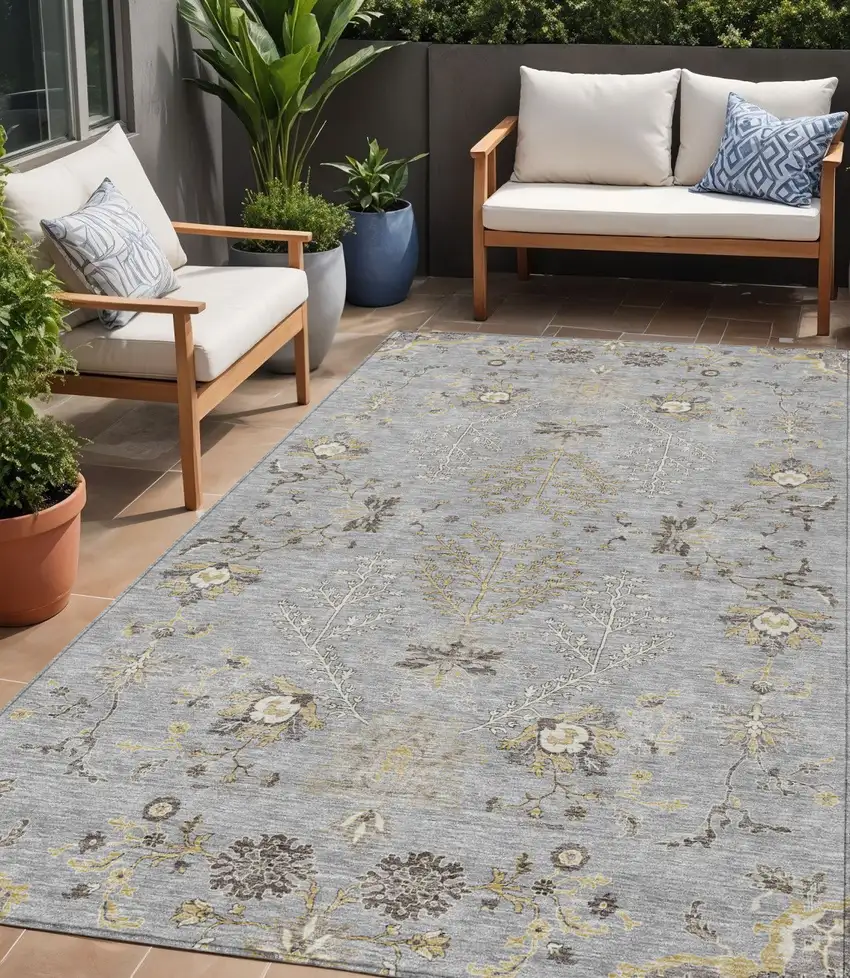 Gray Beige And Ivory Floral Washable Indoor Outdoor Area Rug Photo 1