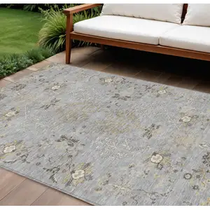 Photo of Gray Beige And Ivory Floral Washable Indoor Outdoor Area Rug