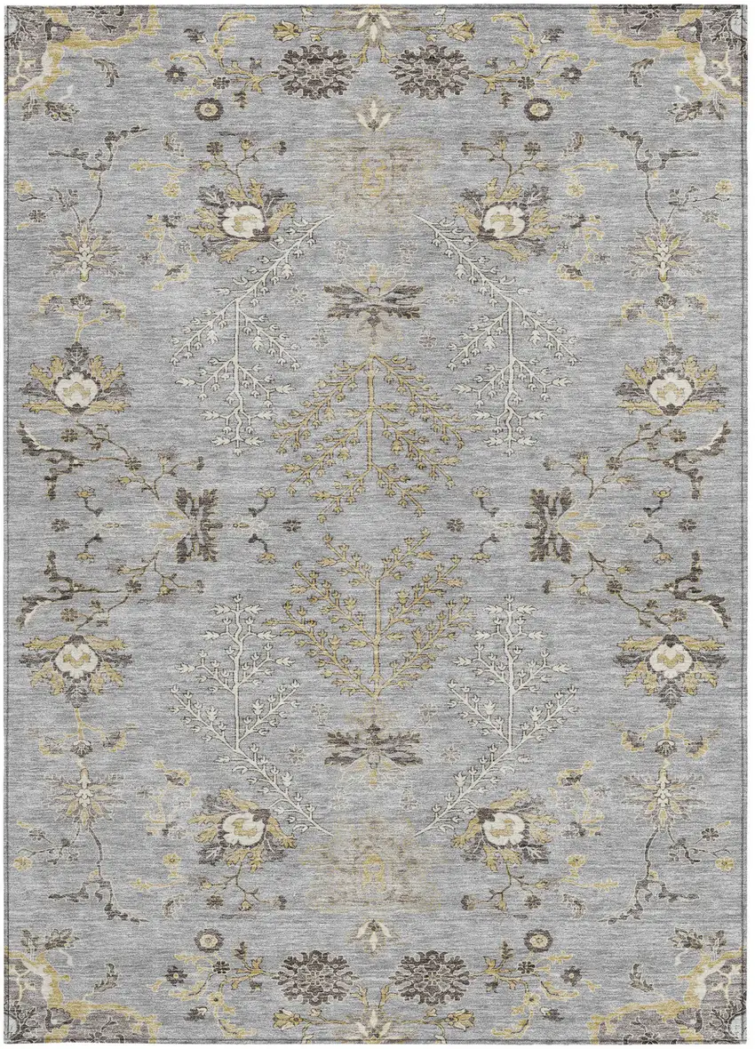 Gray Beige And Ivory Floral Washable Indoor Outdoor Area Rug Photo 7