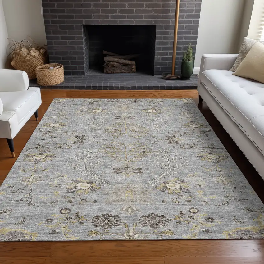 Gray Beige And Ivory Floral Washable Indoor Outdoor Area Rug Photo 9