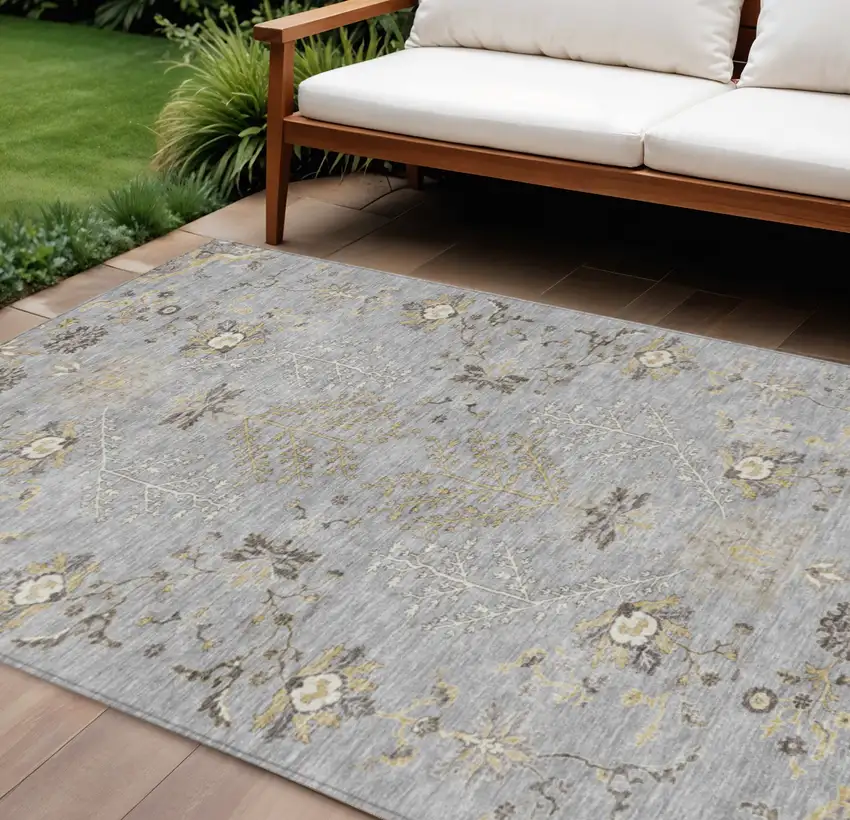 Gray Beige And Ivory Floral Washable Indoor Outdoor Area Rug Photo 1