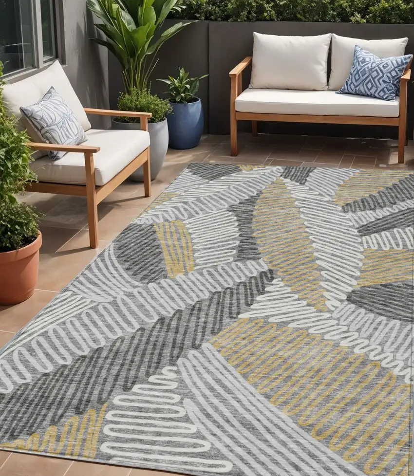 Gray Beige And Ivory Floral Washable Indoor Outdoor Area Rug Photo 1