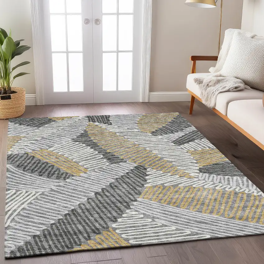 Gray Beige And Ivory Floral Washable Indoor Outdoor Area Rug Photo 8