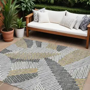 Photo of Gray Beige And Ivory Floral Washable Indoor Outdoor Area Rug