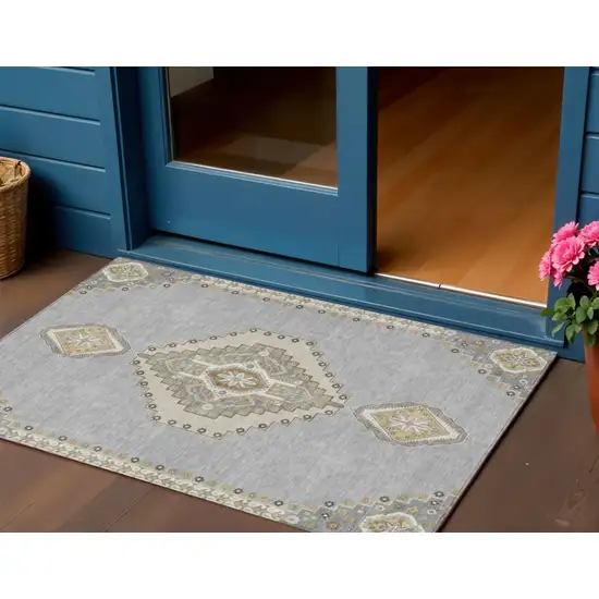 Gray Beige And Ivory Oriental Washable Indoor Outdoor Area Rug Photo 1