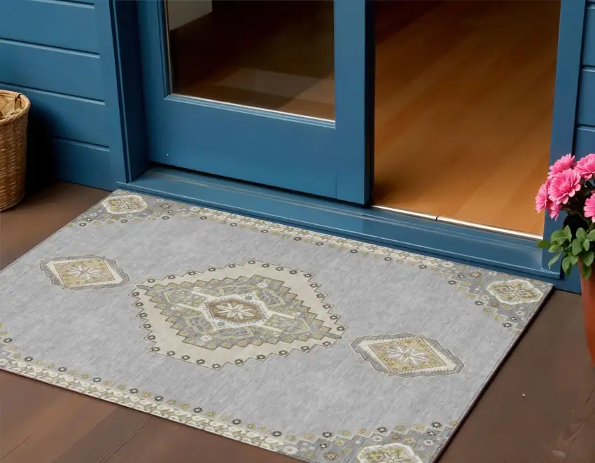 Gray Beige And Ivory Oriental Washable Indoor Outdoor Area Rug Photo 1