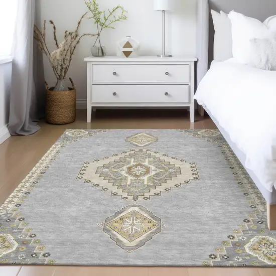 Gray Beige And Ivory Oriental Washable Indoor Outdoor Area Rug Photo 9