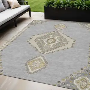Photo of Gray Beige And Ivory Oriental Washable Indoor Outdoor Area Rug