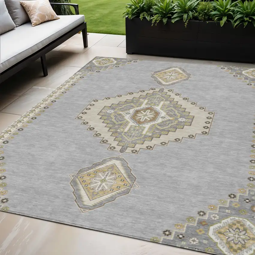 Gray Beige And Ivory Oriental Washable Indoor Outdoor Area Rug Photo 1