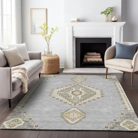Gray Beige And Ivory Oriental Washable Indoor Outdoor Area Rug Photo 9