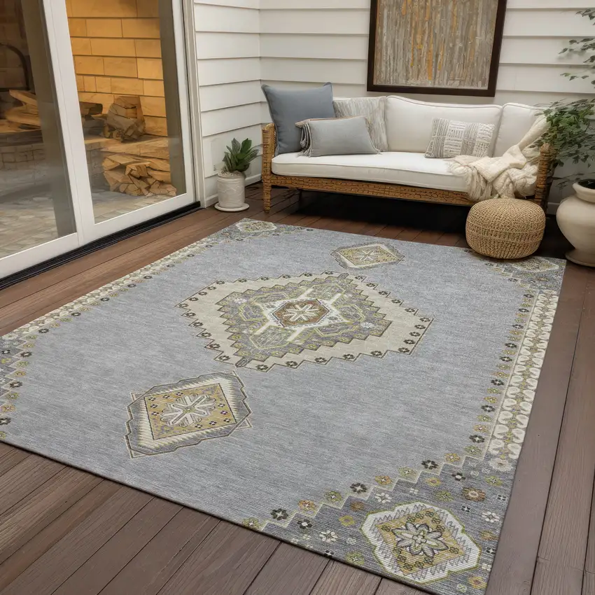 Gray Beige And Ivory Oriental Washable Indoor Outdoor Area Rug Photo 8