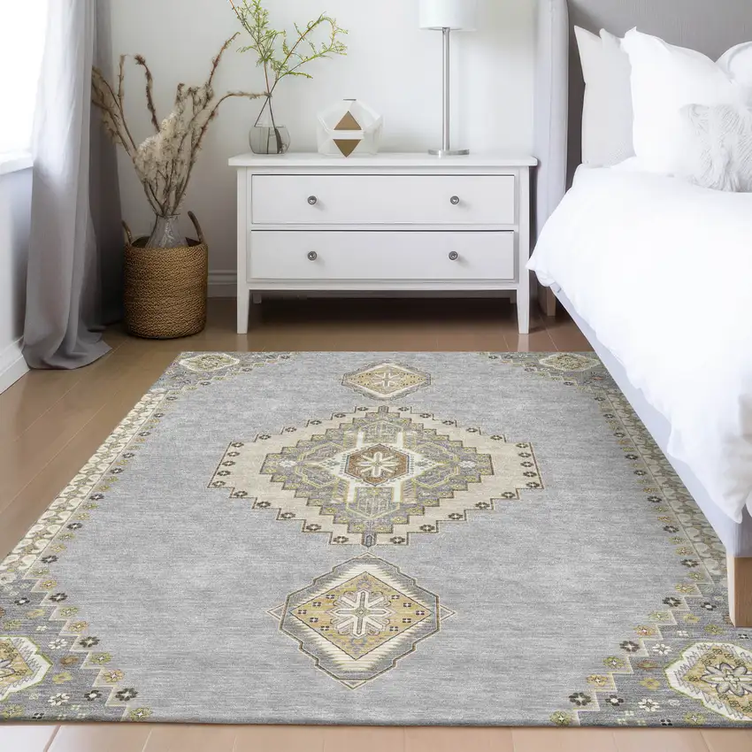 Gray Beige And Ivory Oriental Washable Indoor Outdoor Area Rug Photo 9