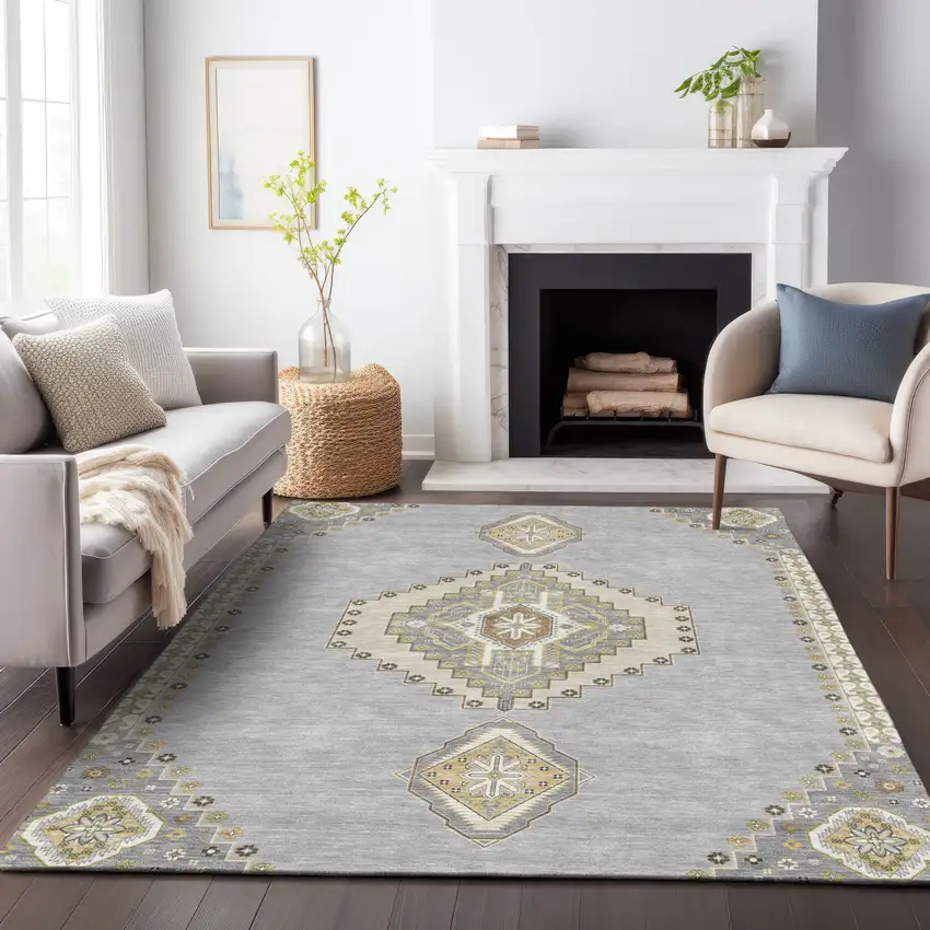 Gray Beige And Ivory Oriental Washable Indoor Outdoor Area Rug Photo 9
