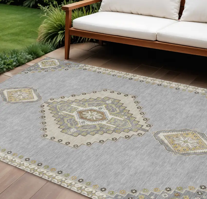 Gray Beige And Ivory Oriental Washable Indoor Outdoor Area Rug Photo 1