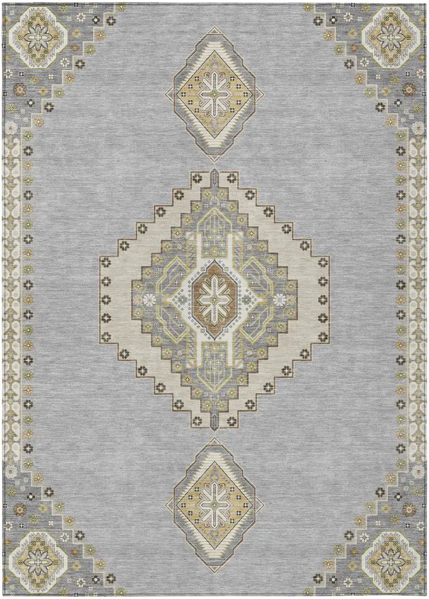 Gray Beige And Ivory Oriental Washable Indoor Outdoor Area Rug Photo 2