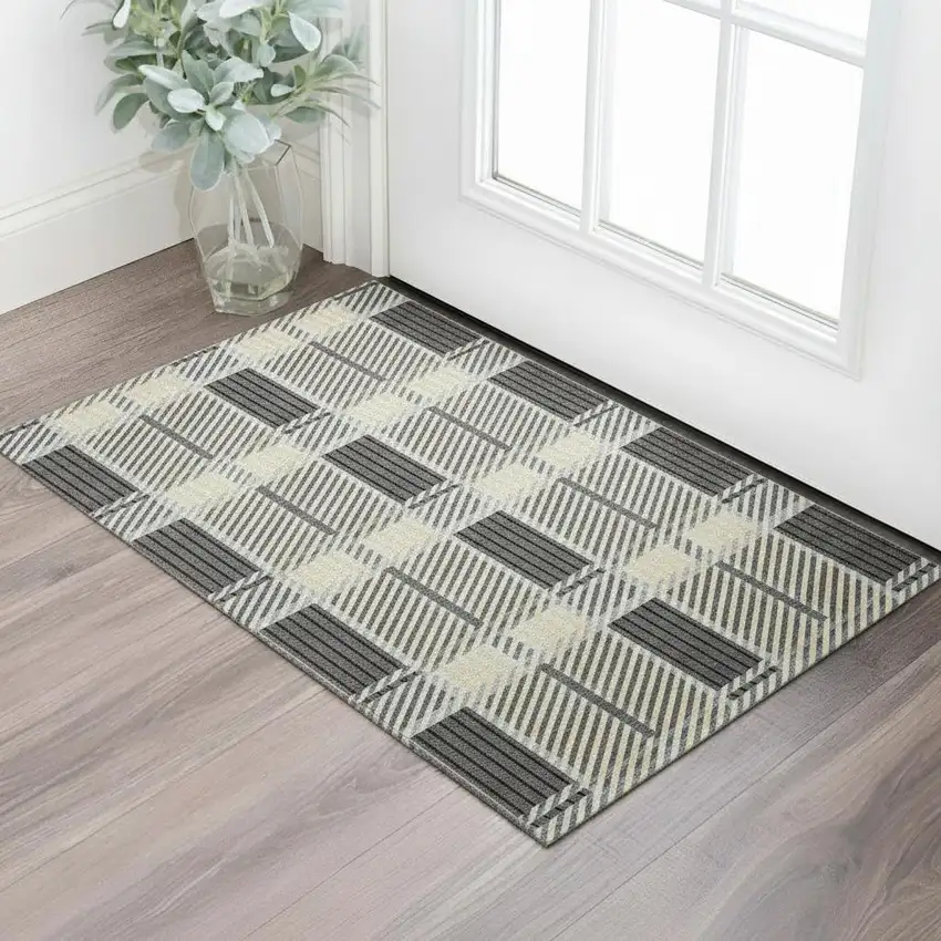 Gray Beige And Ivory Plaid Washable Area Rug With UV Protection Photo 2