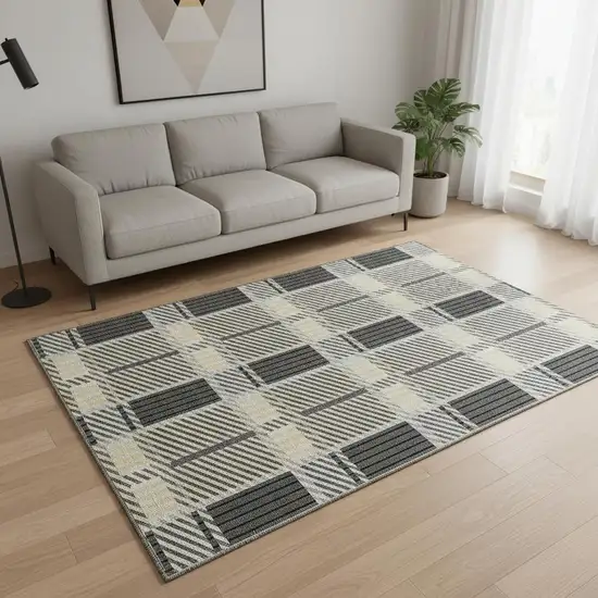 Gray Beige And Ivory Plaid Washable Area Rug With UV Protection Photo 2