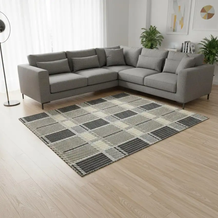 Gray Beige And Ivory Plaid Washable Area Rug With UV Protection Photo 2