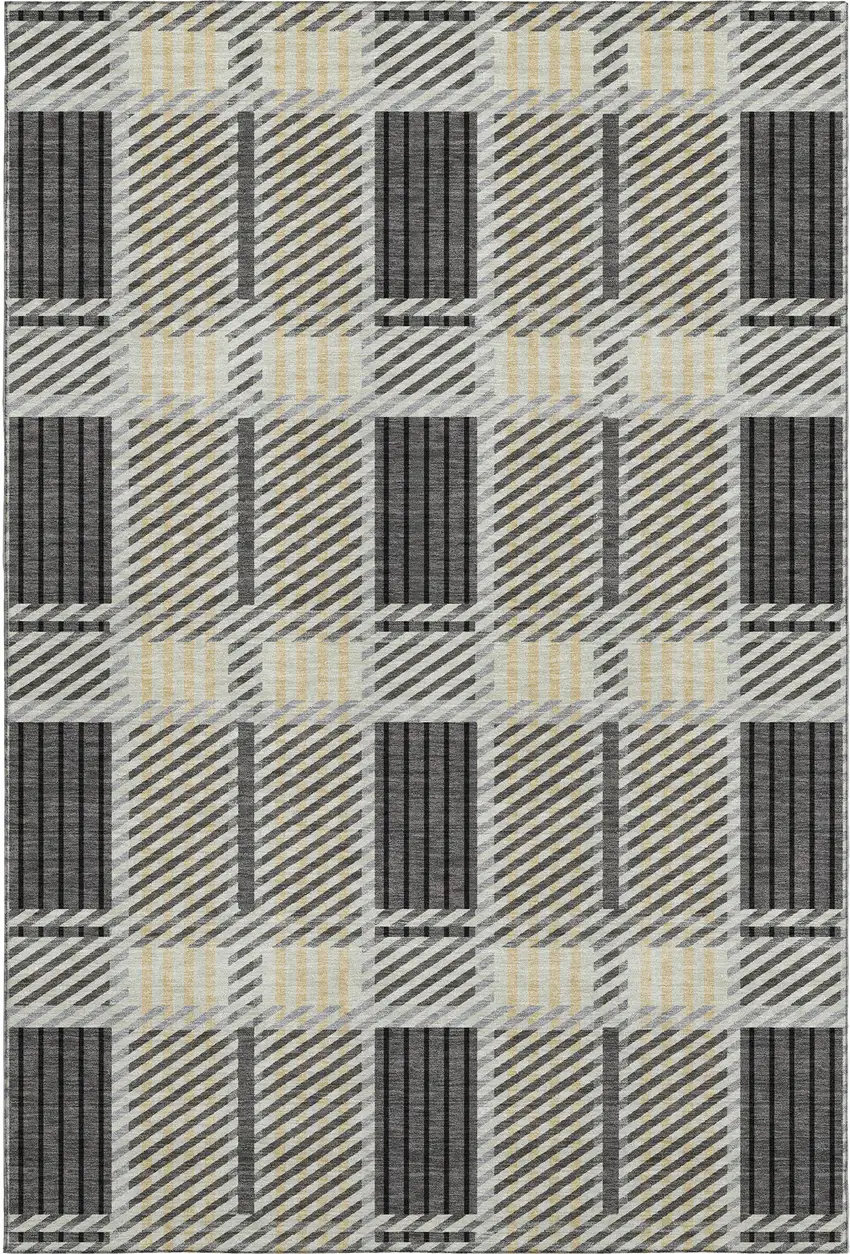 Gray Beige And Ivory Plaid Washable Area Rug With UV Protection Photo 1