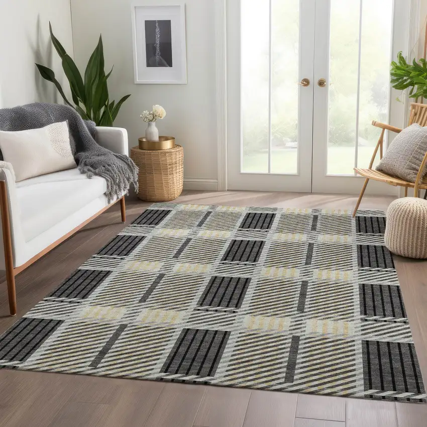 Gray Beige And Ivory Plaid Washable Area Rug With UV Protection Photo 4