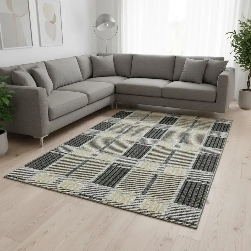 Gray Beige And Ivory Plaid Washable Area Rug With UV Protection Photo 2