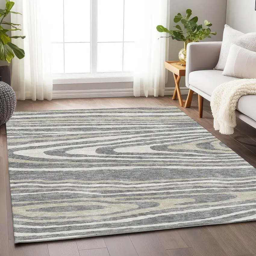 Gray Beige And Ivory Woodland Lodge Washable Area Rug With UV Protection Photo 4