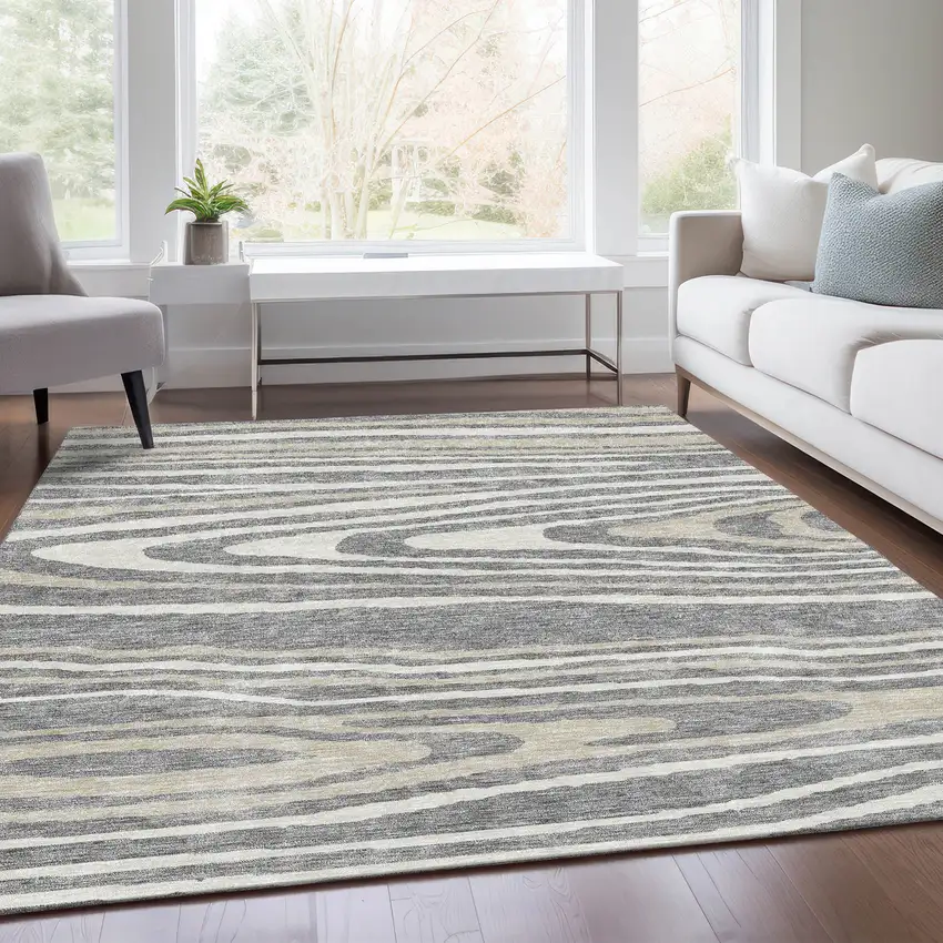 Gray Beige And Ivory Woodland Lodge Washable Area Rug With UV Protection Photo 5