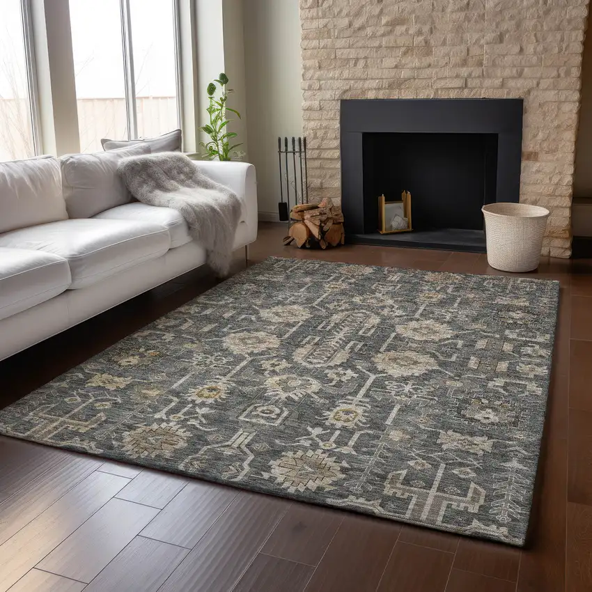 Gray Beige And Silver Oriental Washable Area Rug With UV Protection Photo 5