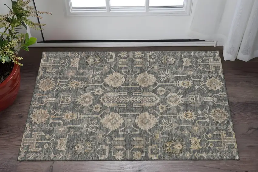 Gray Beige And Silver Oriental Washable Area Rug With UV Protection Photo 2