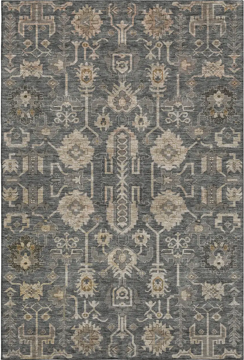 Gray Beige And Silver Oriental Washable Area Rug With UV Protection Photo 1