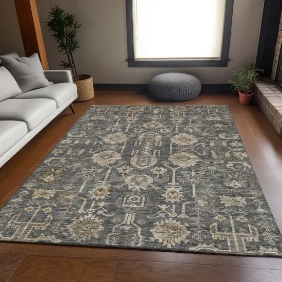 Gray Beige And Silver Oriental Washable Area Rug With UV Protection Photo 5
