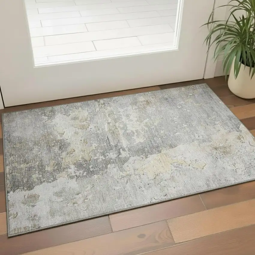 Gray Beige And Tan Abstract Washable Area Rug With UV Protection Photo 2