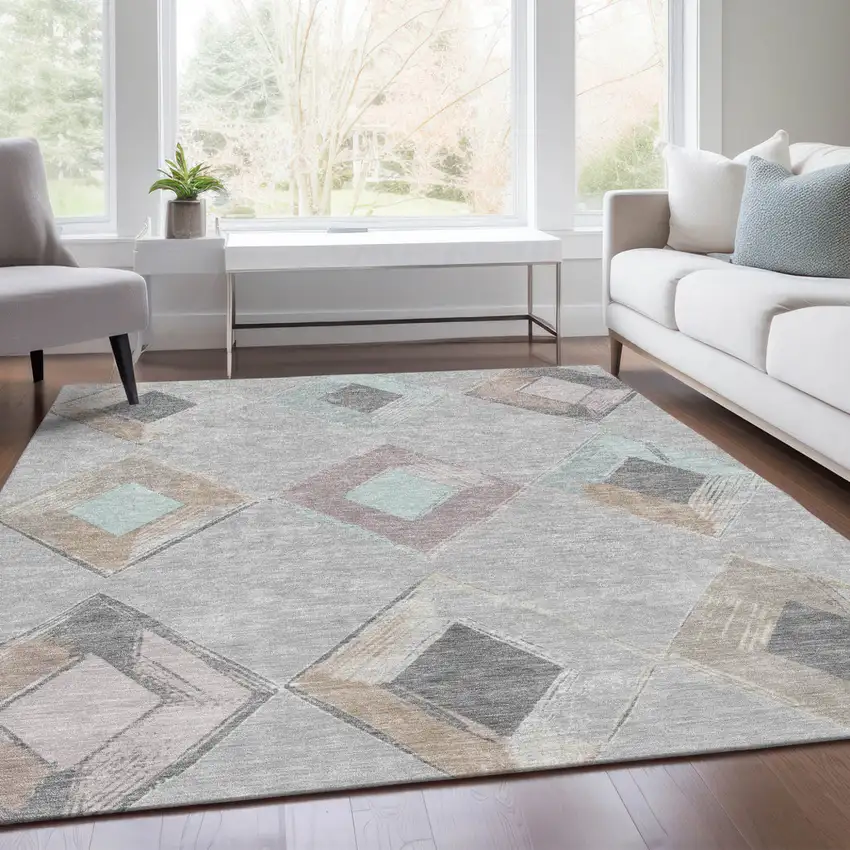 Gray Beige And Taupe Geometric Washable Indoor Outdoor Area Rug Photo 8