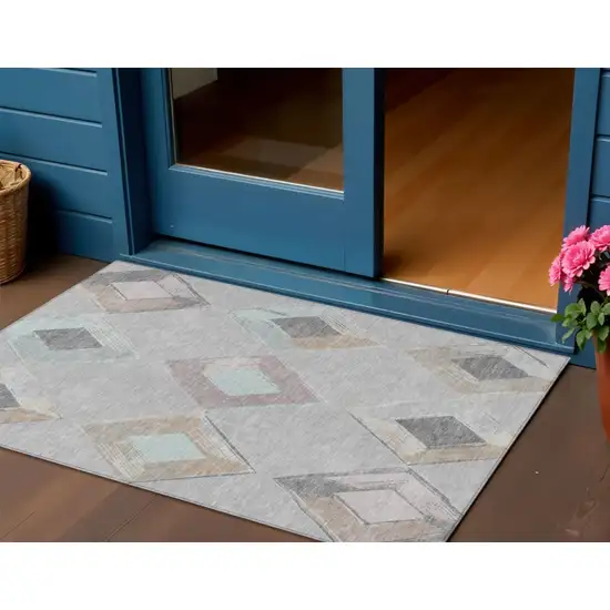 Gray Beige And Taupe Geometric Washable Indoor Outdoor Area Rug Photo 2