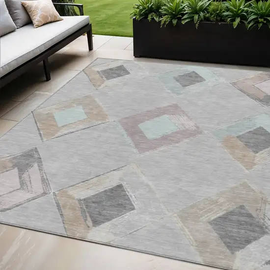 Gray Beige And Taupe Geometric Washable Indoor Outdoor Area Rug Photo 2