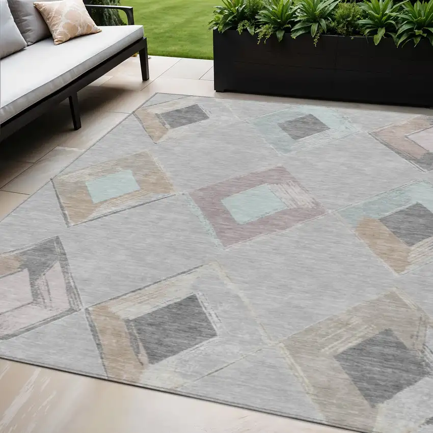 Gray Beige And Taupe Geometric Washable Indoor Outdoor Area Rug Photo 2