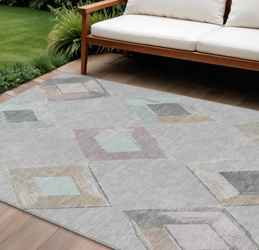 Gray Beige And Taupe Geometric Washable Indoor Outdoor Area Rug Photo 2