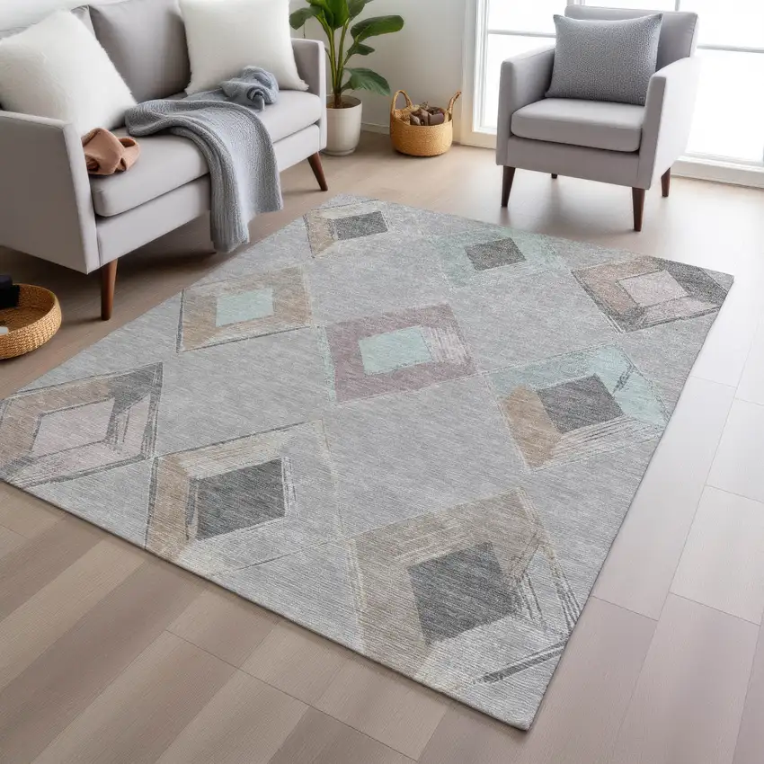 Gray Beige And Taupe Geometric Washable Indoor Outdoor Area Rug Photo 7