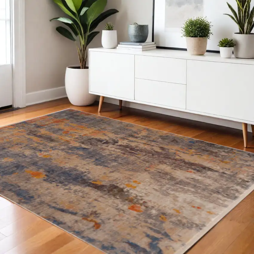 Gray Beige Blue And Yellow Abstract Power Loom Distressed Stain Resistant Area Rug Photo 1