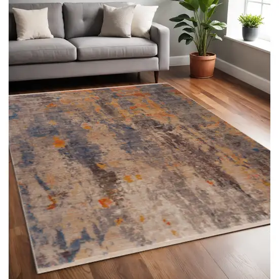 Gray Beige Blue And Yellow Abstract Power Loom Distressed Stain Resistant Area Rug Photo 1