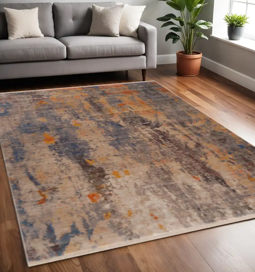 Gray Beige Blue And Yellow Abstract Power Loom Distressed Stain Resistant Area Rug Photo 1