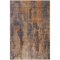 Photo of Gray Beige Blue And Yellow Abstract Power Loom Distressed Stain Resistant Area Rug