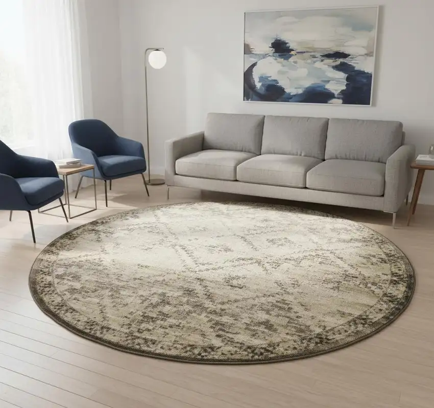 8' Gray And Brown Abstract Round Rug Photo 1