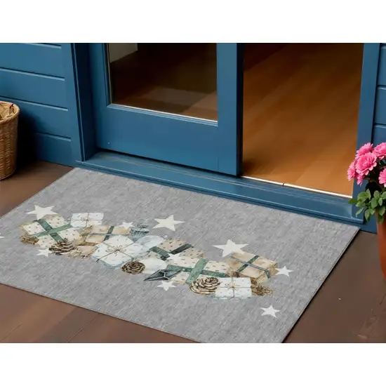 Gray Beige Ivory And Taupe Geometric Washable Indoor Outdoor Area Rug Photo 2
