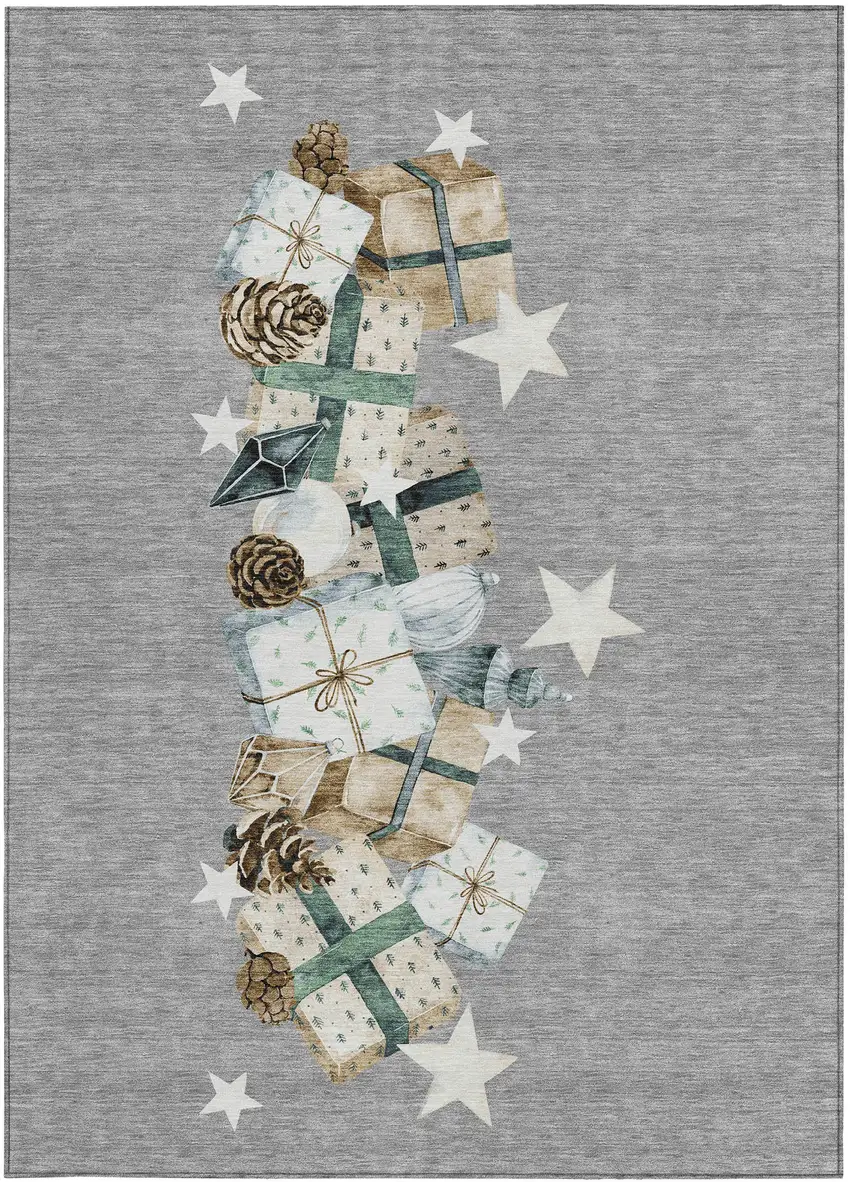 Gray Beige Ivory And Taupe Geometric Washable Indoor Outdoor Area Rug Photo 3