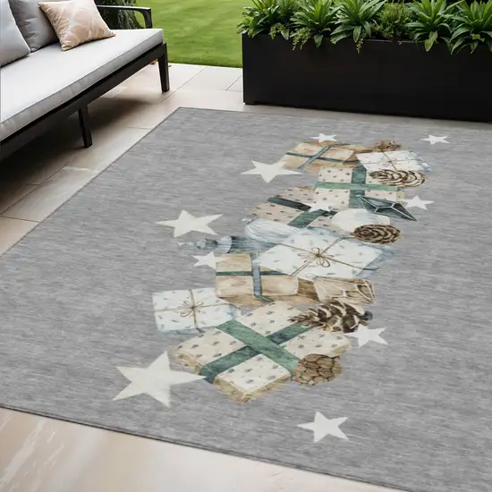 Gray Beige Ivory And Taupe Geometric Washable Indoor Outdoor Area Rug Photo 2